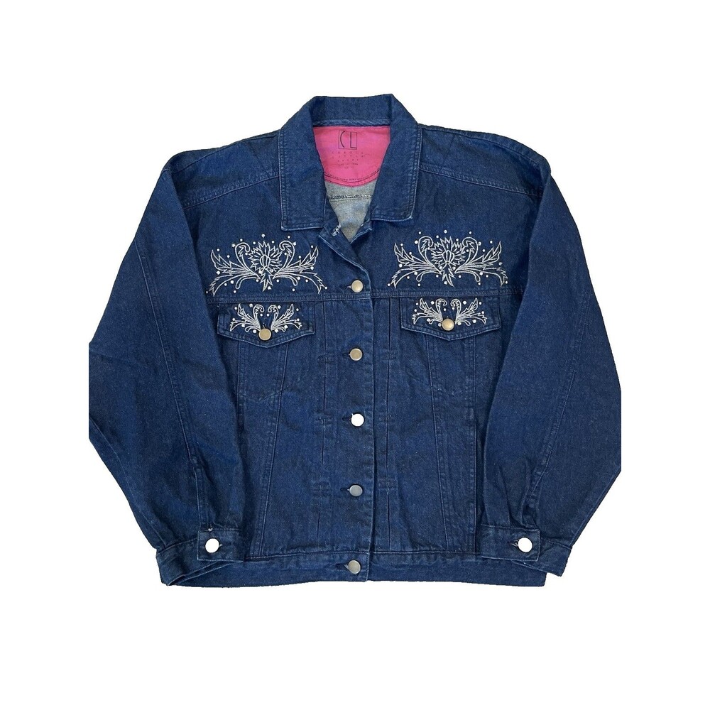 Carole Little Sport women Vintage 80s Navy Embellished Denim Jean Jacket size 10